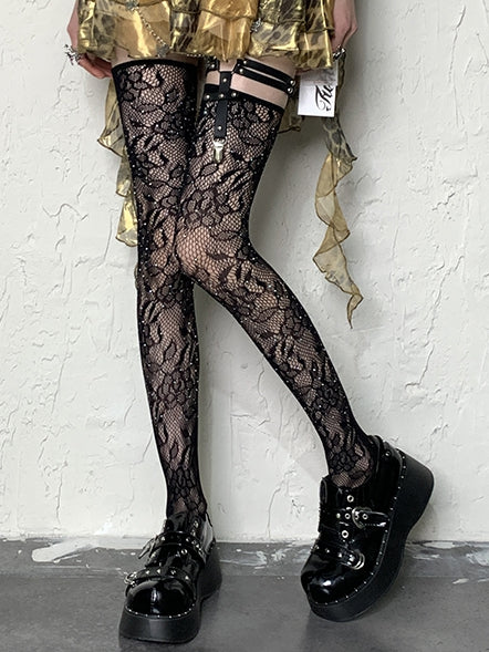 Black Y2K Floral Pattern Rhinestone Overknee Stockings
