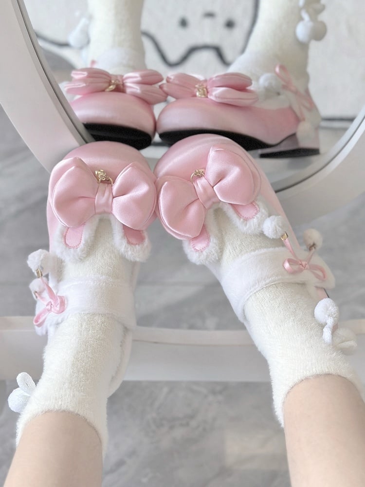 Pink Sweet Lolita Heart Charm Plush Bunny Ear Bow at Top Round Toe Shoes