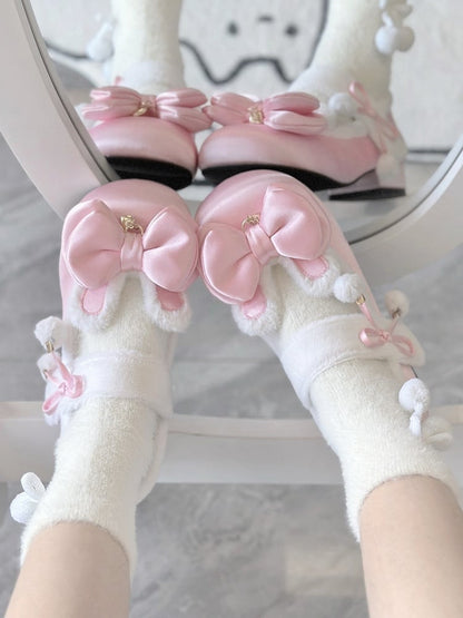 Pink Sweet Lolita Heart Charm Plush Bunny Ear Bow at Top Round Toe Shoes