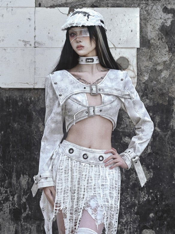 Grey Punk Buckle Closure Padded Shoulders Cropped Top