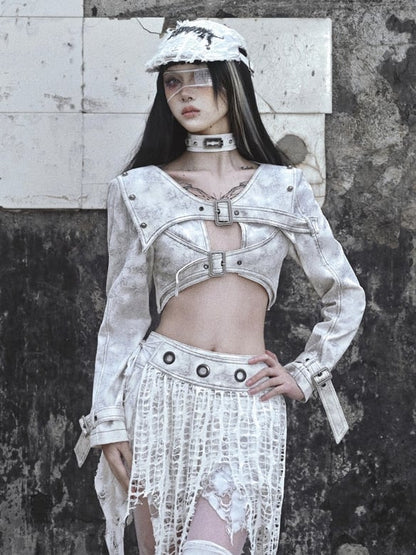 Grey Punk Buckle Closure Padded Shoulders Cropped Top