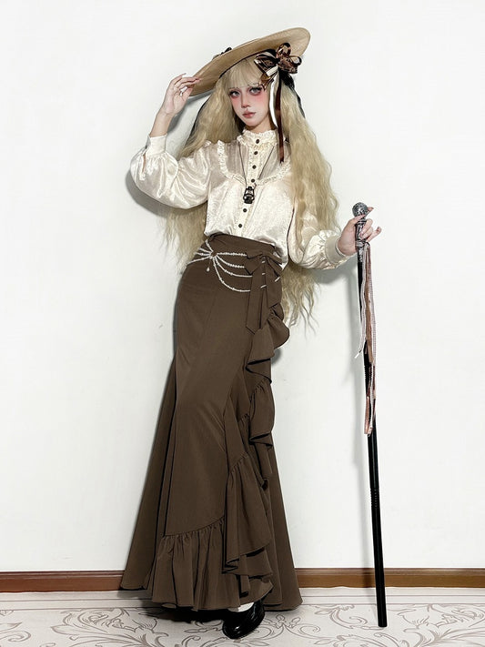 Brown Elegant Lolita Mermaid Skirt with Cascading Ruffles