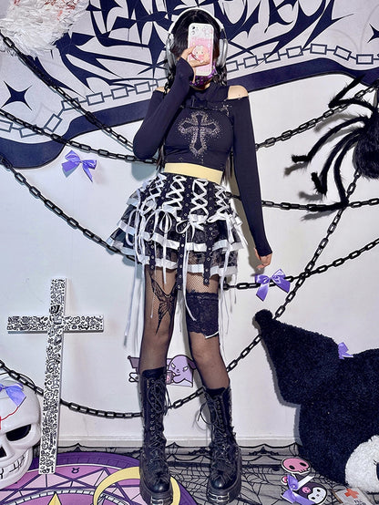 Lace-up Detail Black Punk Tiered Skirt Coachella Outfits