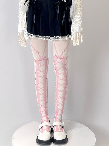 White Sweet Lolita Lace-up Print Tights