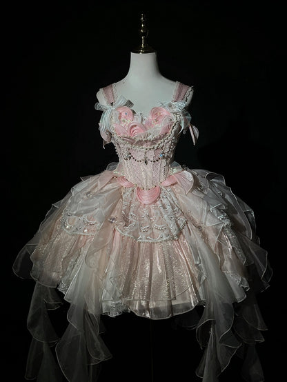 Light Pink Corset Waist Princess Lolita Beads and Sequins Detail Cascading Ruffle Accents Fairy Layered Dress