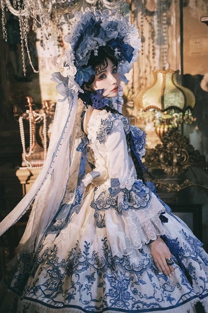 Butterfly Fabric Blue and White Porcelain Embroidery Chinoiserie Style Lolita Dress Long Version