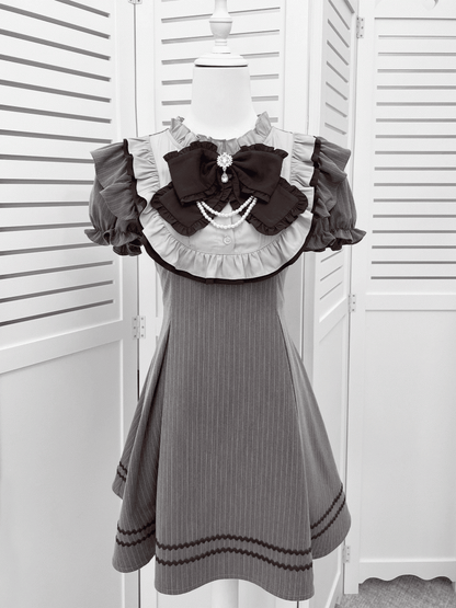 Jirai Kei Ruffle Neckline Puff Sleeves Gray Striped Dress with Free Bowtie