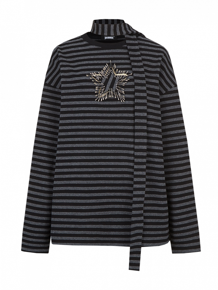 Black and Gray Striped Punk Pins Star Loose Long Sleeves Top