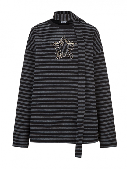 Black and Gray Striped Punk Pins Star Loose Long Sleeves Top