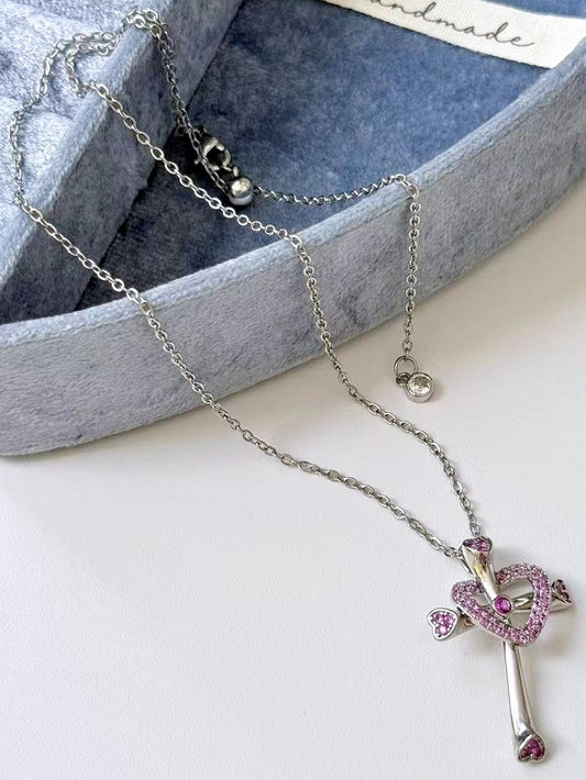 Pink/Blue/Green Y2K Bittersweet Rhinestone Heart And Cross Pendant Necklace