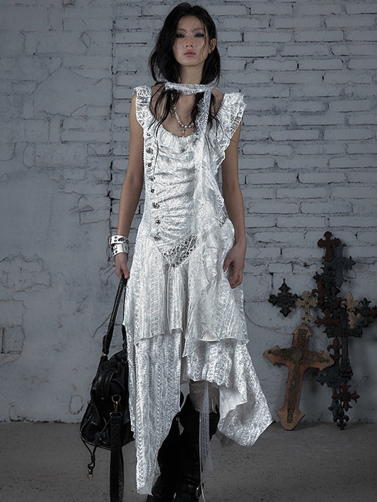 White Wasteland Punk Lace-up Design Handkerchief Hem Sleeveless Dress