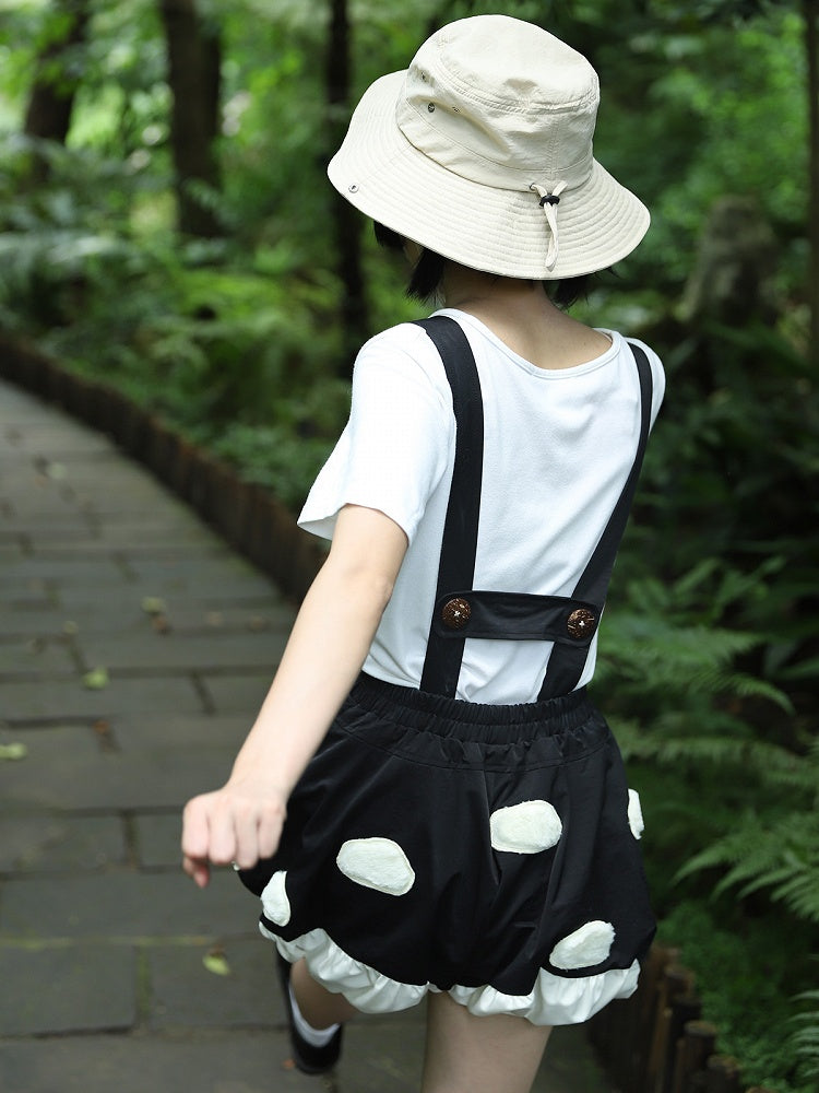Fleece White Spot Applique Black Sweet Lolita Mushroom Bubble Short with Detachable Straps