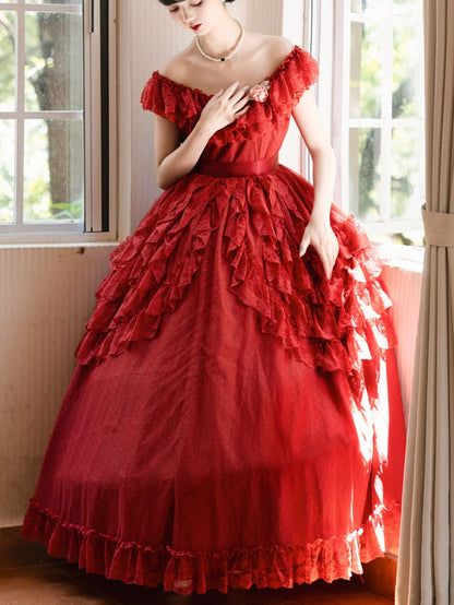 Wine Red/Pink Vintage Lace Ruffle Trim Off-the-shoulder Neckline Dress