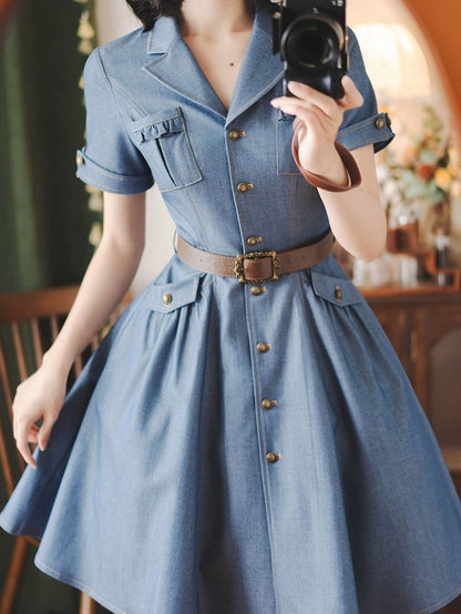 Retro-Style Notched Lapel Short Sleeves Denim Dress with Brown Belt