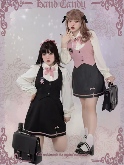 Plus Size - Rose Knight Apricot Shirt+Black Waistcoat+Black Blazer+Black Skirt Set