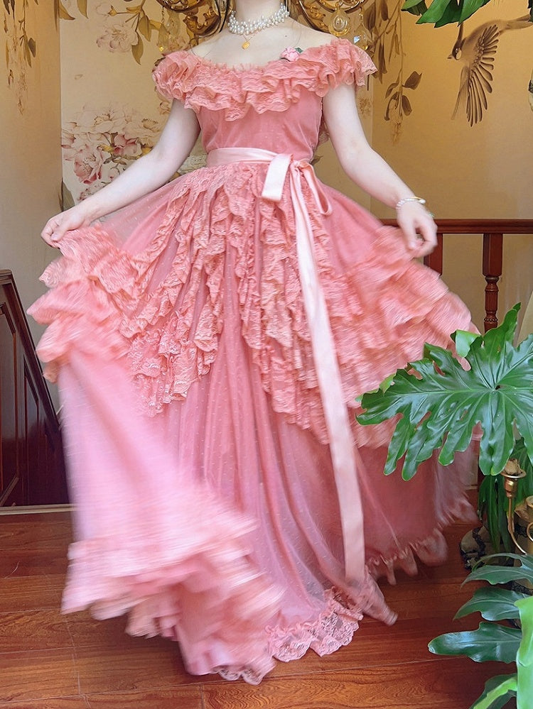 Wine Red/Pink Vintage Lace Ruffle Trim Off-the-shoulder Neckline Dress