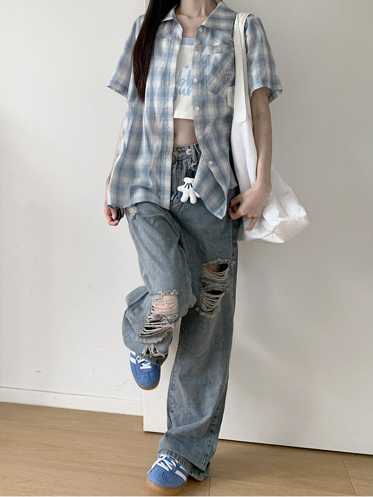 Blue Low Rise Distressed Holes Straight-leg Jeans with Free Charm