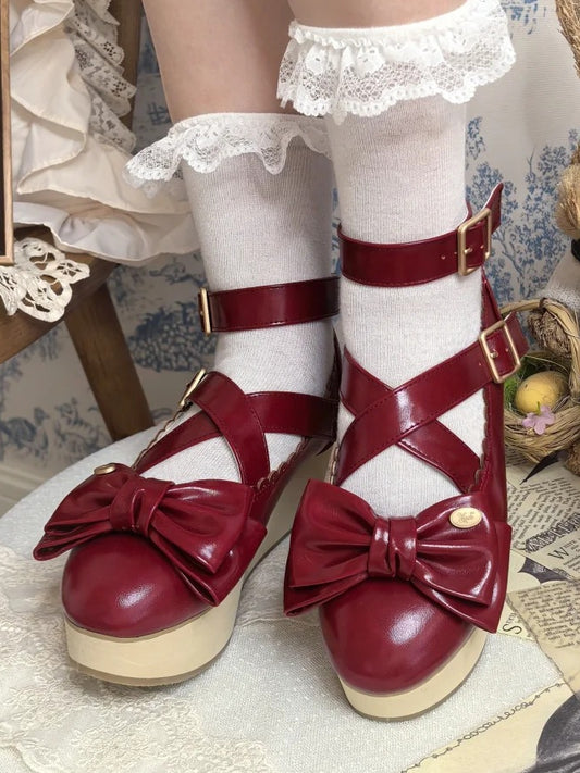 PU Red Sweet Lolita Platform Mary Janes - Crisscross Straps with Wood Grain Sole & Bow at Top