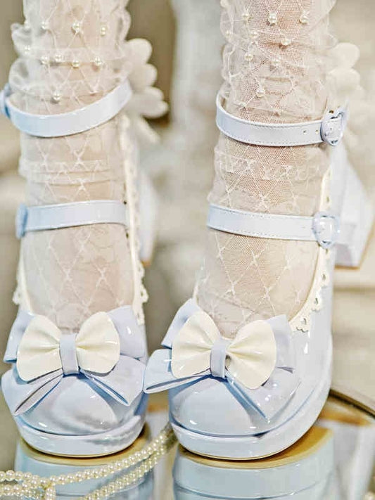 Bow Accents Blue Sweet Lolita Shoes High Block Heel Heart-shaped Buckles
