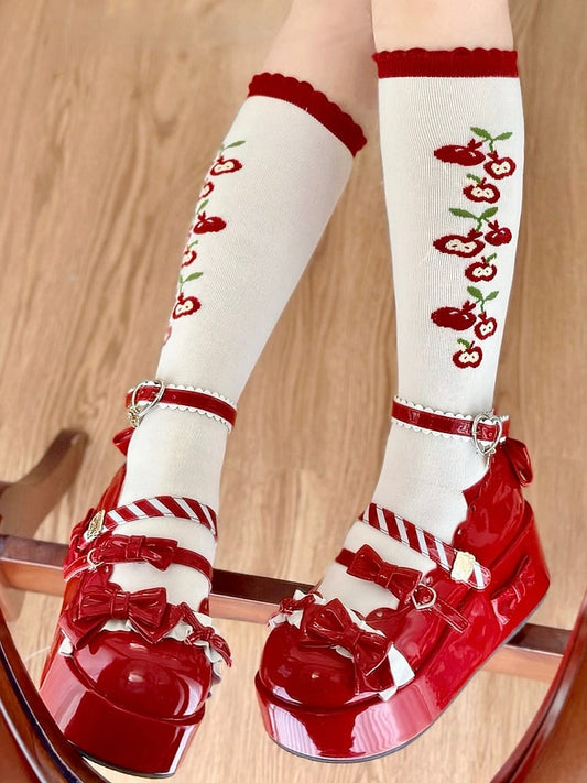 Red Apple Lolita White Calf Socks