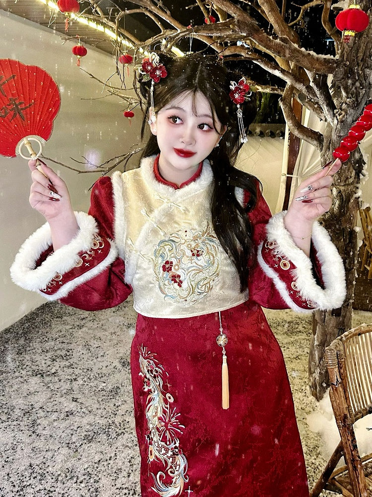 Plus Size Beige Dragon Embroidery New Year Vest