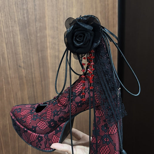 Black/Red Floral Accents, Convenient Back Zip & Crisscross Detail Red Mary Janes in Gothic Style