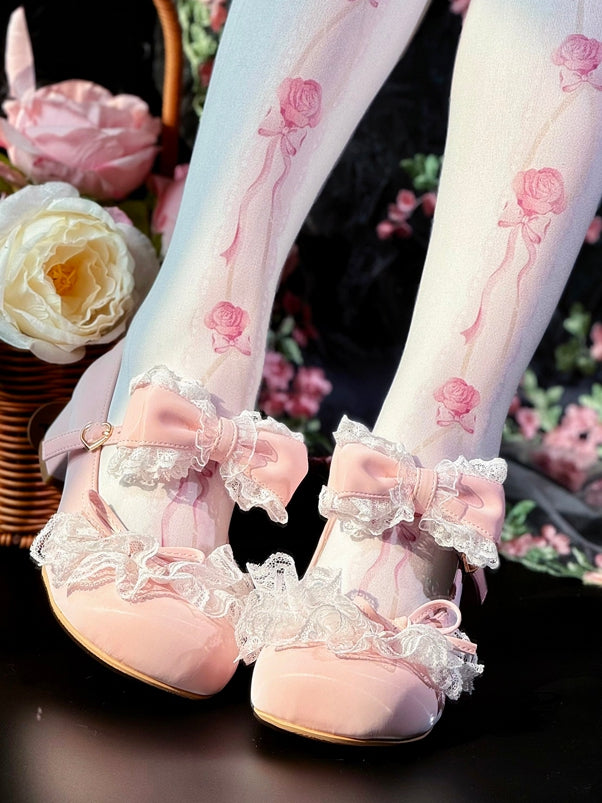 Pink Bowknot Details Lace Trim Round Toe Lolita Shoes