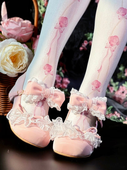 Pink Bowknot Details Lace Trim Round Toe Lolita Shoes
