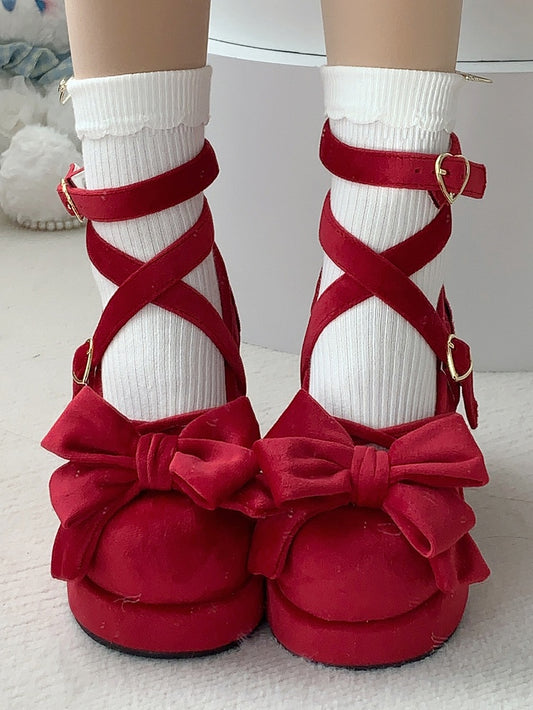 Sweet Wine Red Lolita Platforms in Velvet - Bow at Top, Crisscross Design & Heart Fastener