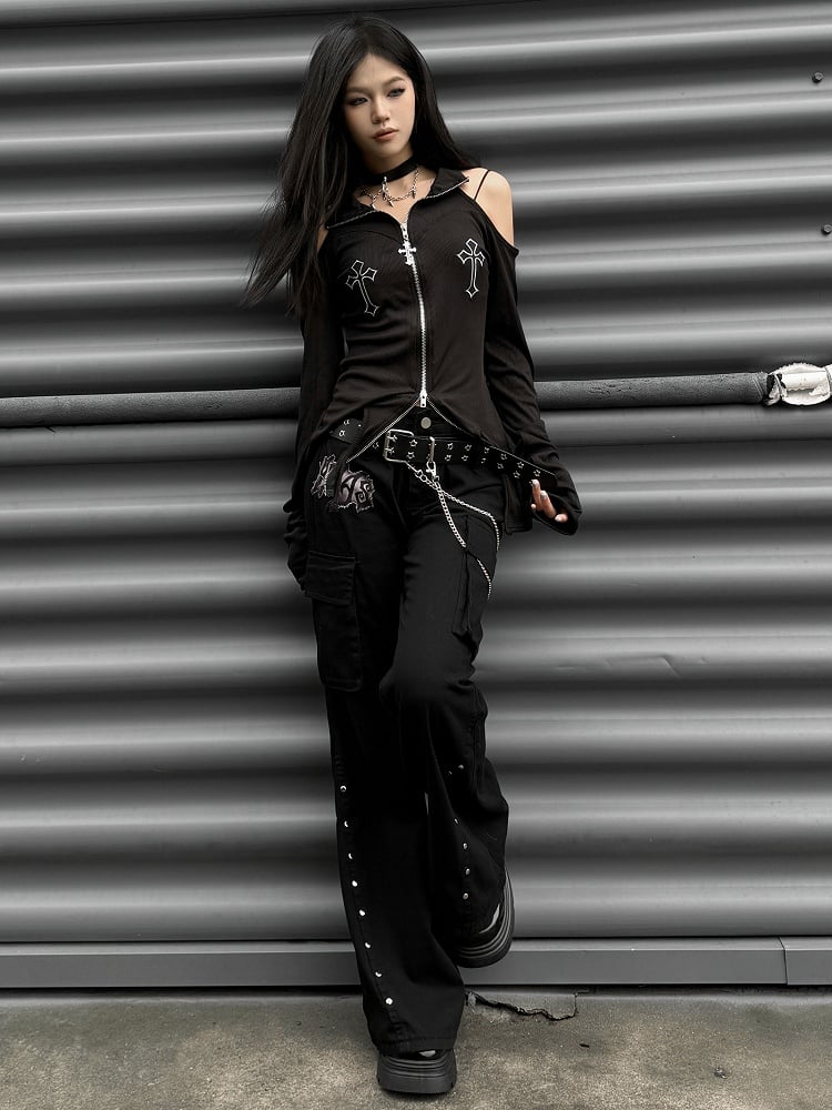 Punk Black Letter Patch Cargo Pockets Design Low Waist Fishtail Pants with Belt