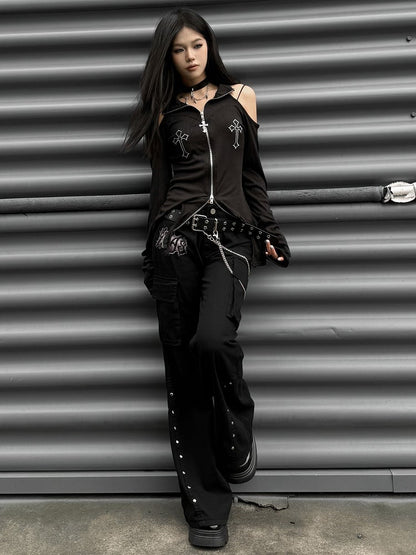 Punk Black Letter Patch Cargo Pockets Design Low Waist Fishtail Pants with Belt