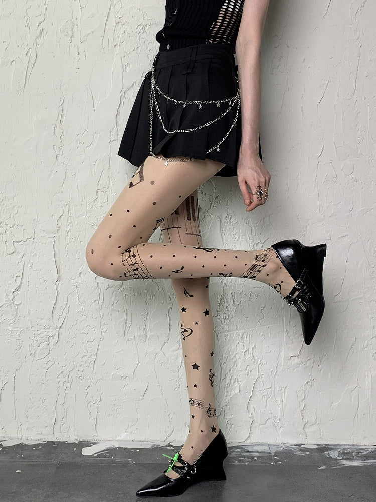 Nude Y2K Piano Note Star Print Polka-dot Pattern Tights
