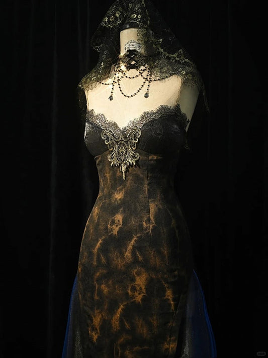 Black and Gold V-neck Slimming Slip Dress