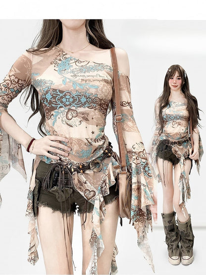 Khaki Asymmetrical Neckline Print Design Cascading Ruffle Accents Long Sleeves Top