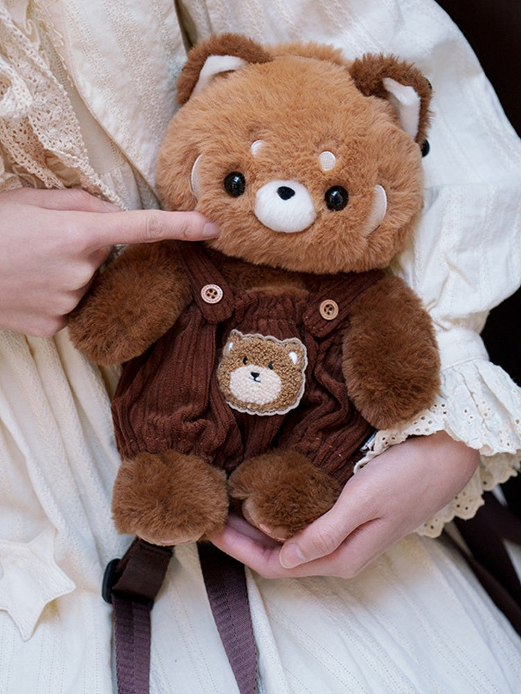 Brown Cute Plush Red Panda Backpack + Overall Pants Middle/Large Size
