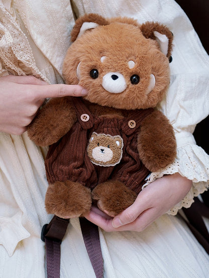 Brown Cute Plush Red Panda Backpack + Overall Pants Middle/Large Size