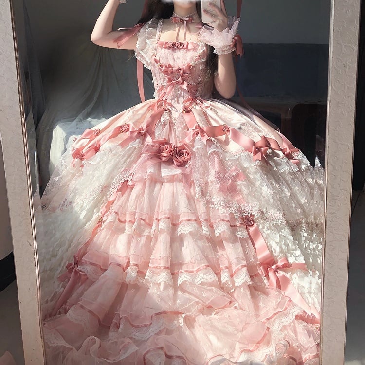Pink Hanayome Lolita Hime Wedding Dress with Corset Waist and Rose Bow Accents Long Version