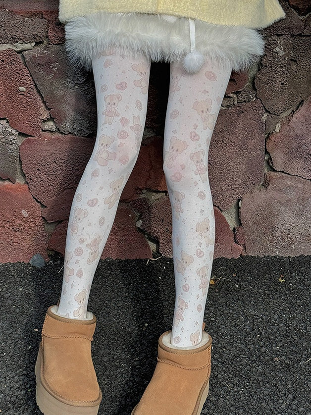White Sweet Bear Heart Print Tights