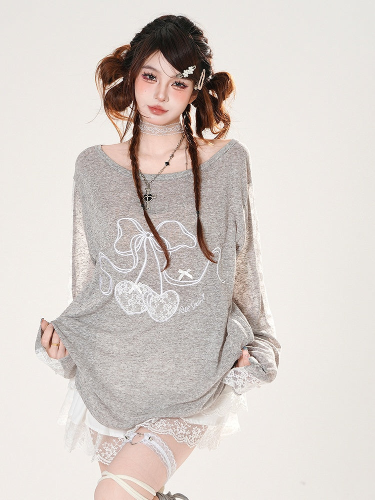 Cherry Embroidery Lace Patches Sleeves Gray Round Neck Coverup