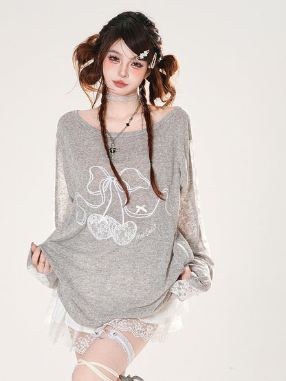 Cherry Embroidery Lace Patches Sleeves Gray Round Neck Coverup
