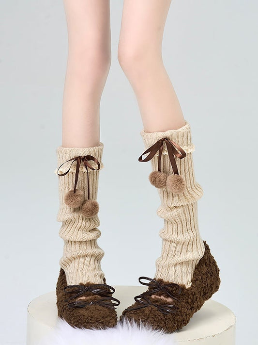 Off-white Bowknot Knitted Leg Warmers With Pompons