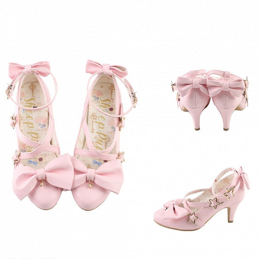 Pink Bow at Top Star Buckle Straps High Heels