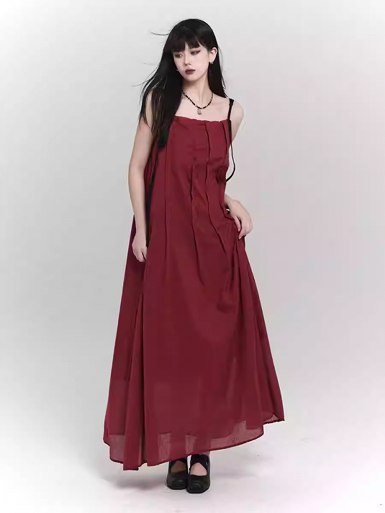 Red/Black Ankle Length Loose Slip Dress