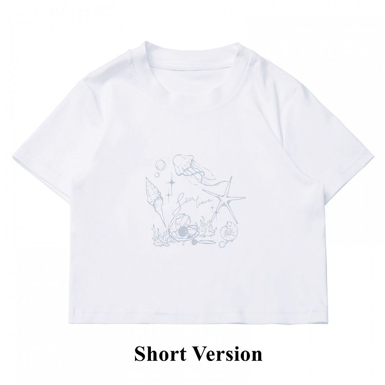 Seashell and Jellyfish Print White Round Neck T-shirt Regular/Short Version