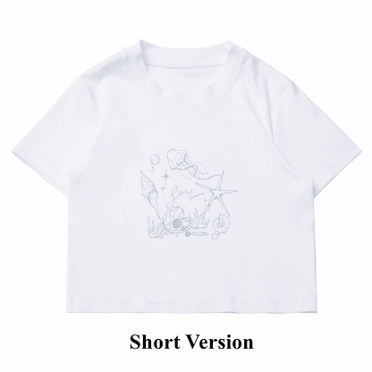 Seashell and Jellyfish Print White Round Neck T-shirt Regular/Short Version