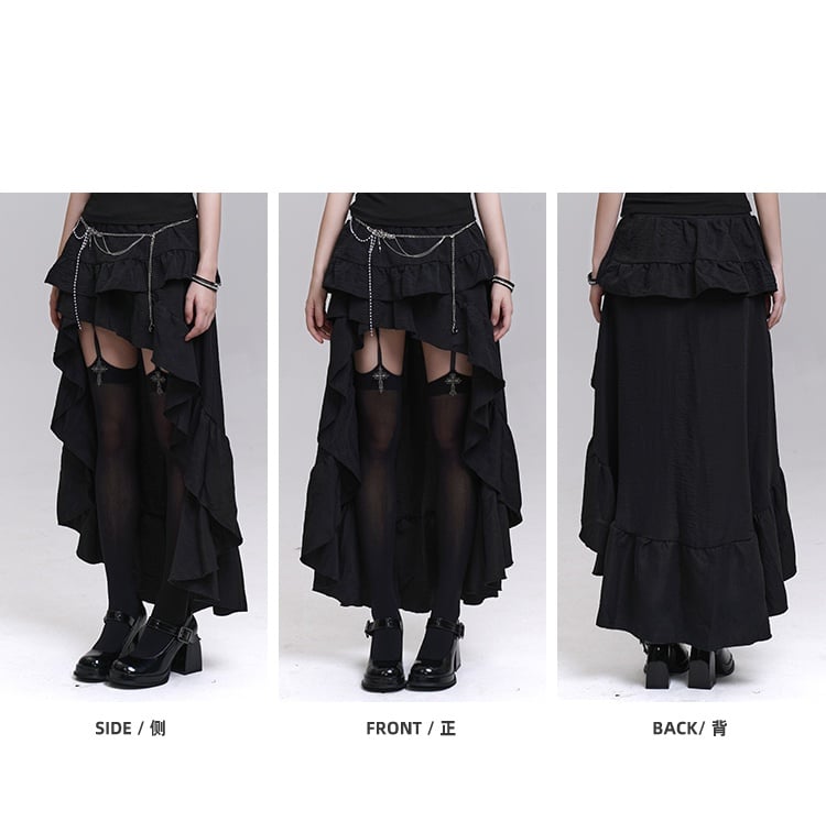 Black Cascading Flounce Trim High-low Skirt