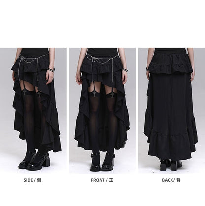 Black Cascading Flounce Trim High-low Skirt