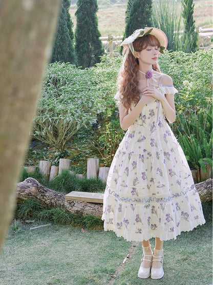 Purple Iris Embroidery Beige Off-the-shoulder Neckline Jumper Skirt