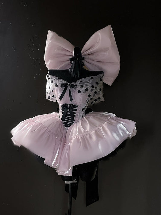 Pink Satin Sweet Lolita Dress with Polka Dot Off-the-Shoulder Detail and Large Bow