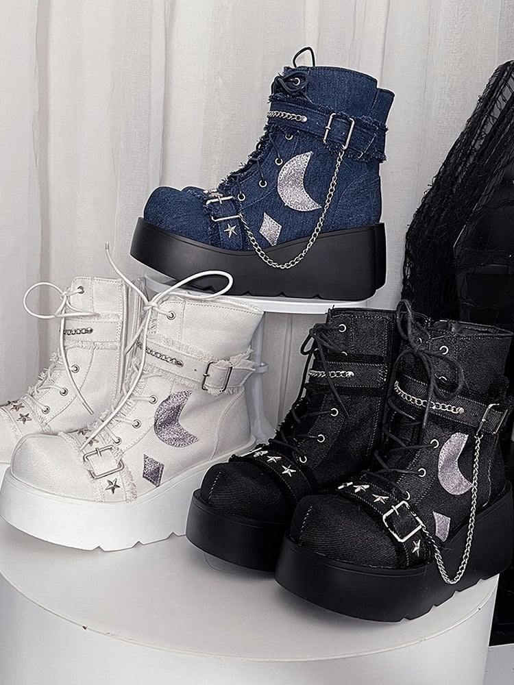 White Moon Applique Buckle Ankle Strap Platform Boots